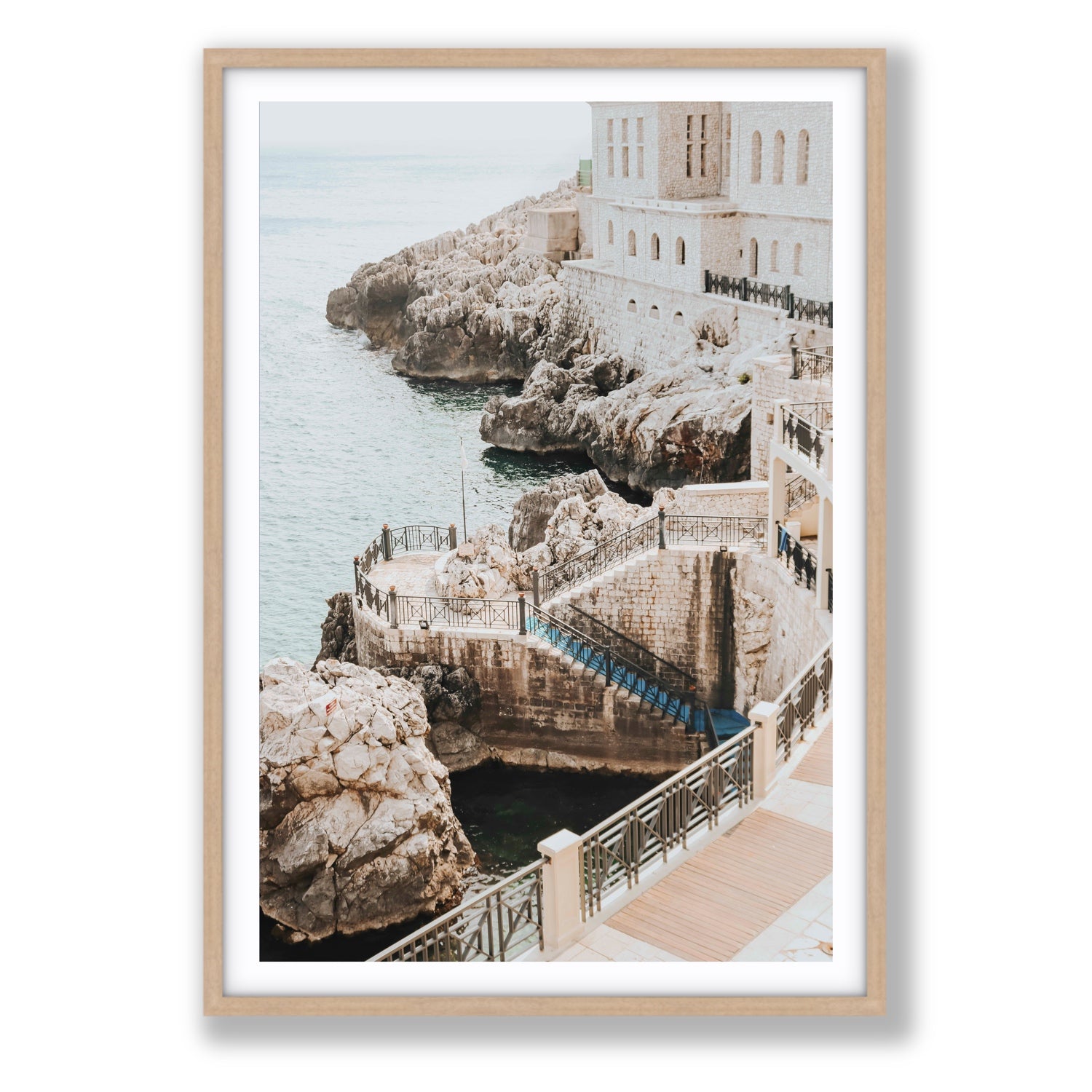 Wellness Centre Puglia coastal wall art Statement fine art print in natural oak frame with matboard