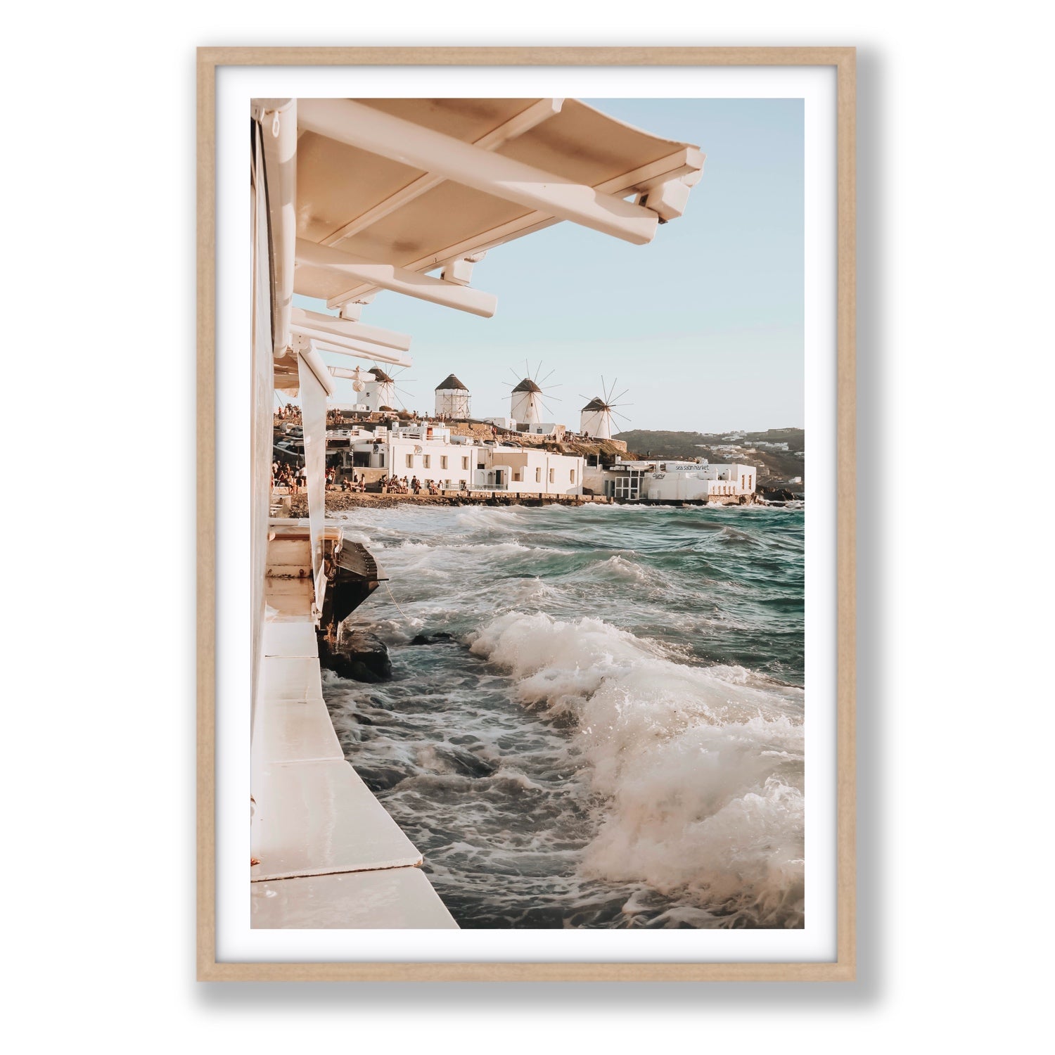 Windmills Mykonos Greek island wall art Statement fine art print in natural oak frame with matboard