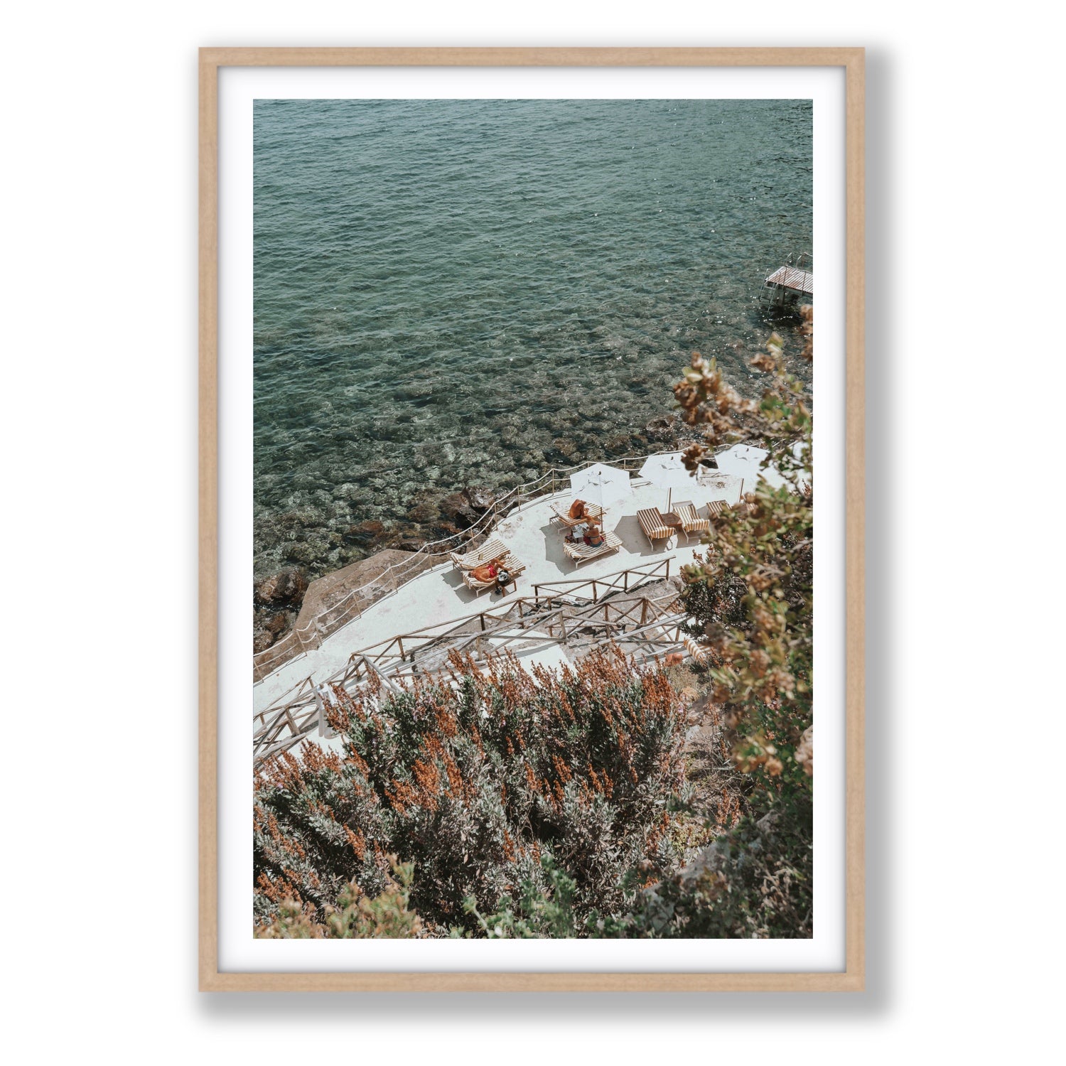 Hidden Gem Tuscany coastal wall art Statement fine art print in natural oak frame with matboard