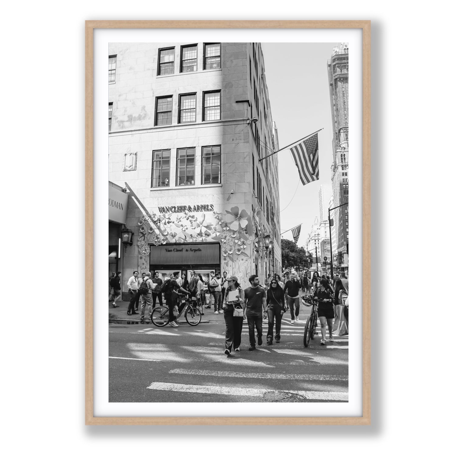 Sidewalk Shuffle New York NYC Black & White wall art Statement fine art print in natural oak frame with matboard