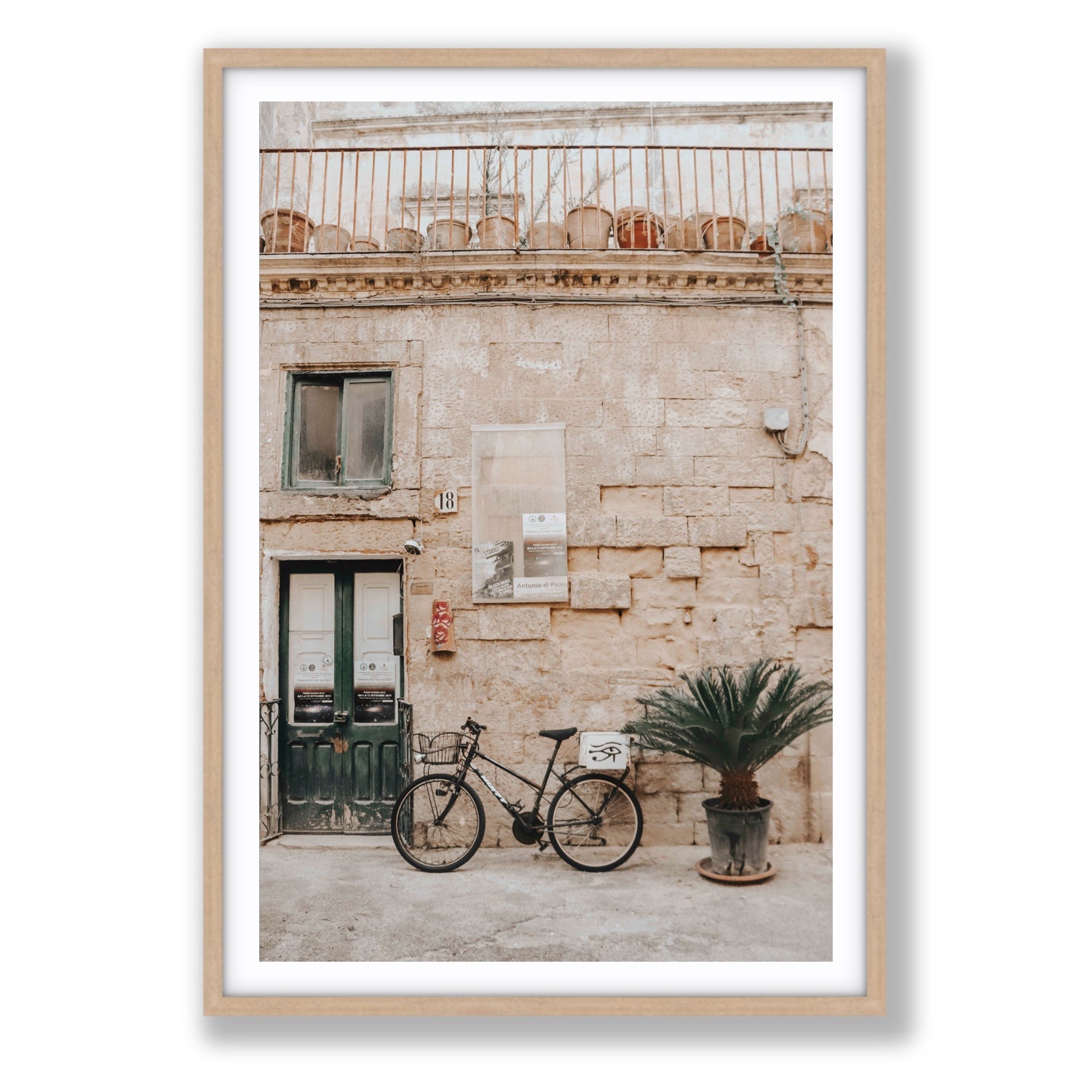Golden Facades Puglia Lecce Italian wall art Statement fine art print in natural oak frame with matboard