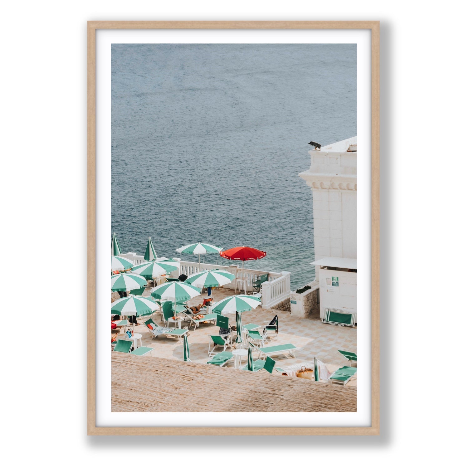 Lido Italiano Puglia beach Italian wall art Statement fine art print in natural oak frame with matboard