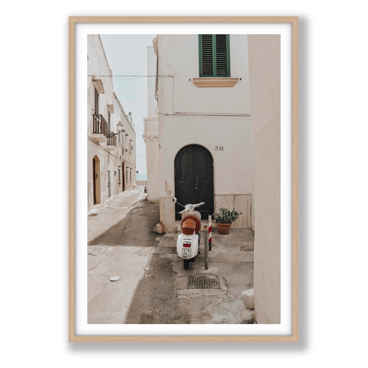 La Casa 42 Puglia Gallipoli Italian wall art Statement fine art print in natural oak frame with matboard