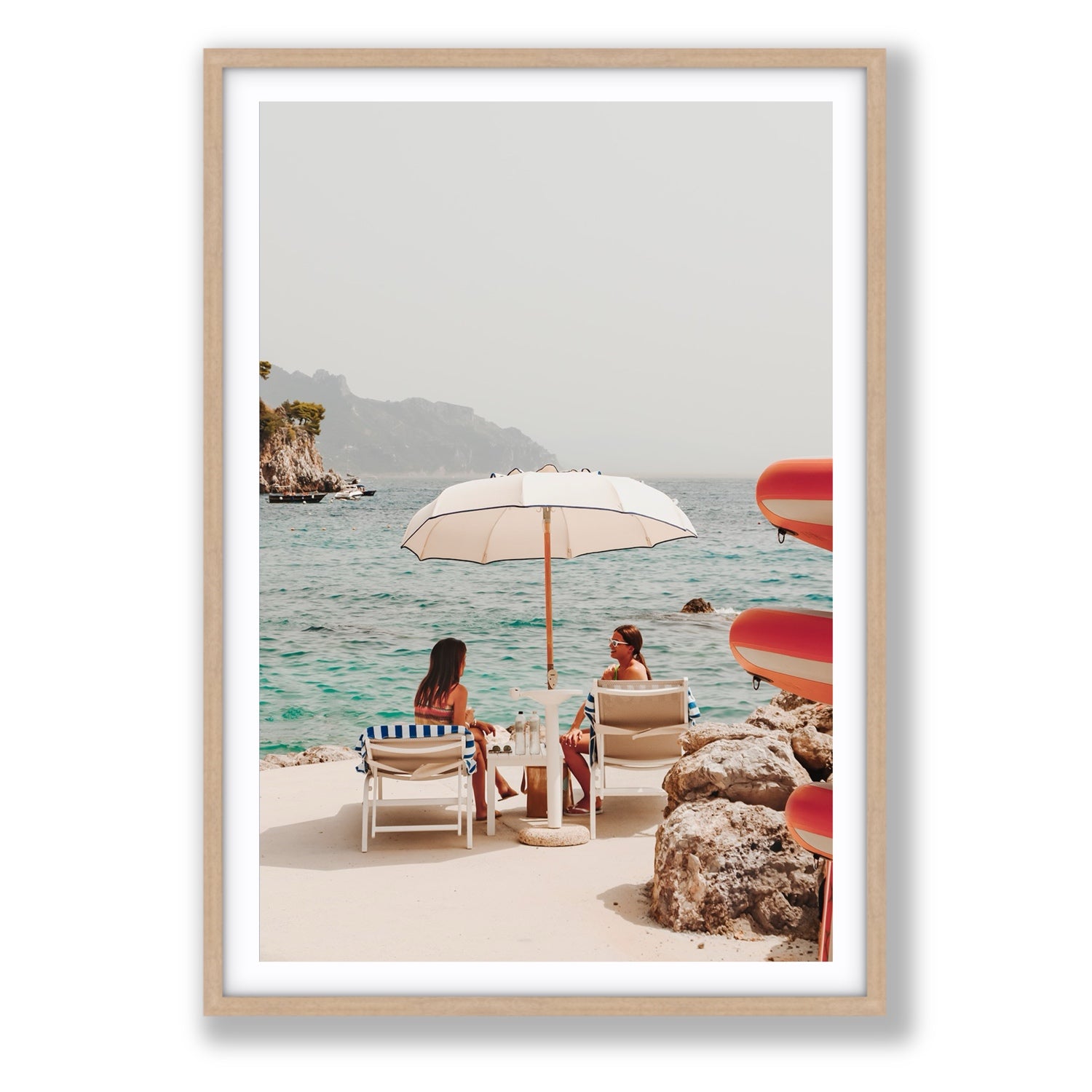 Salty Banter Amalfi Mediterranean wall art Statement fine art print in natural oak frame with matboard