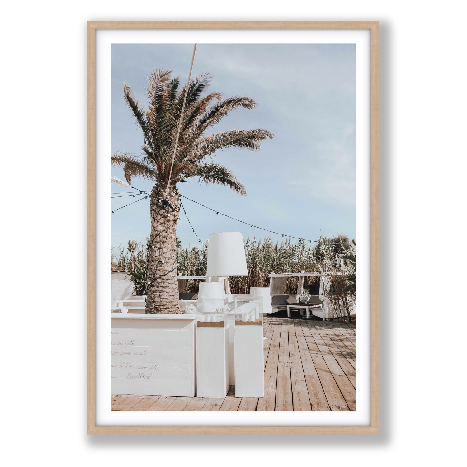 Seabreeze Palm Puglia coastal beach wall art Statement fine art print in natural oak frame with matboard