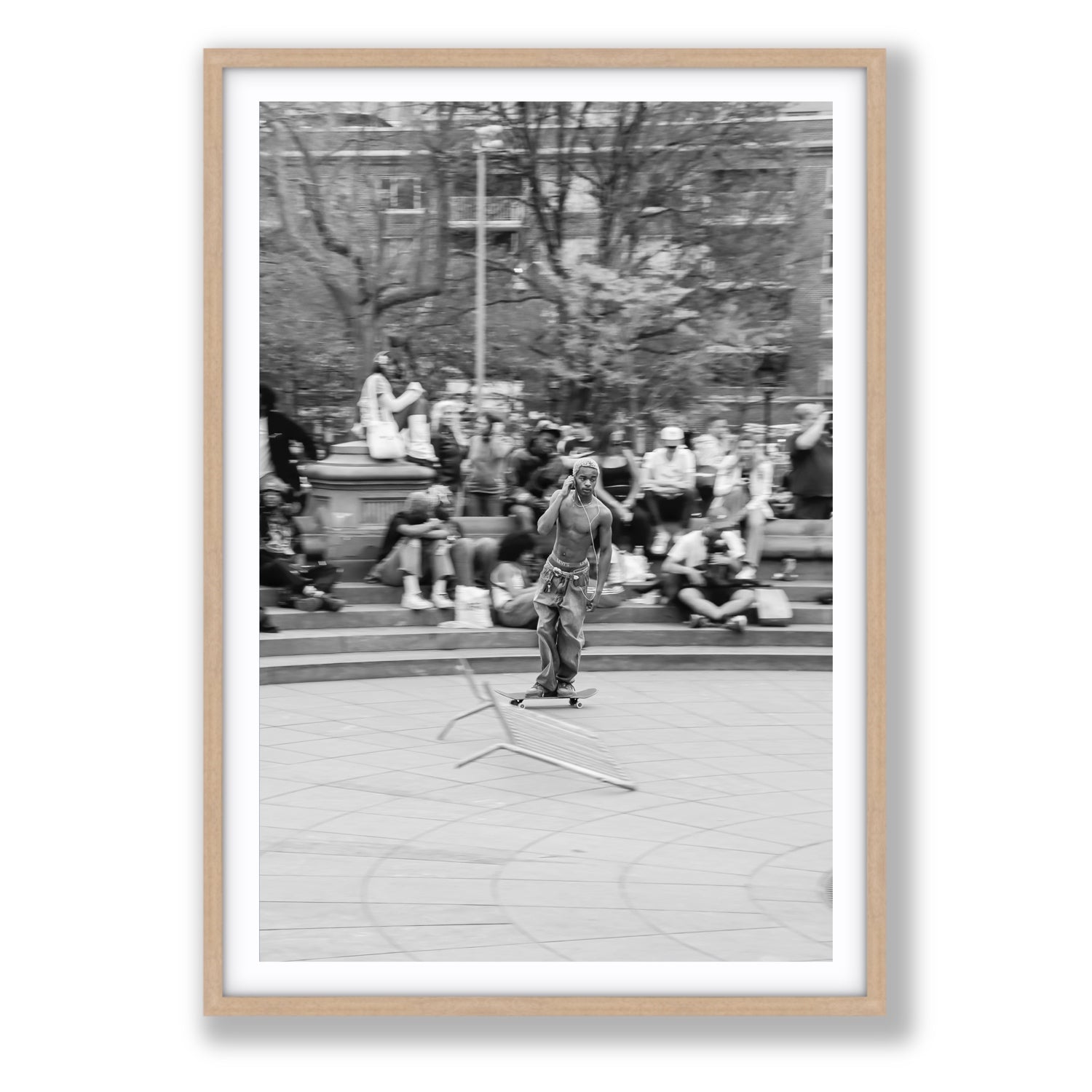 Skate Park Serenade New York NYC Black & White wall art Statement fine art print in natural oak frame with matboard