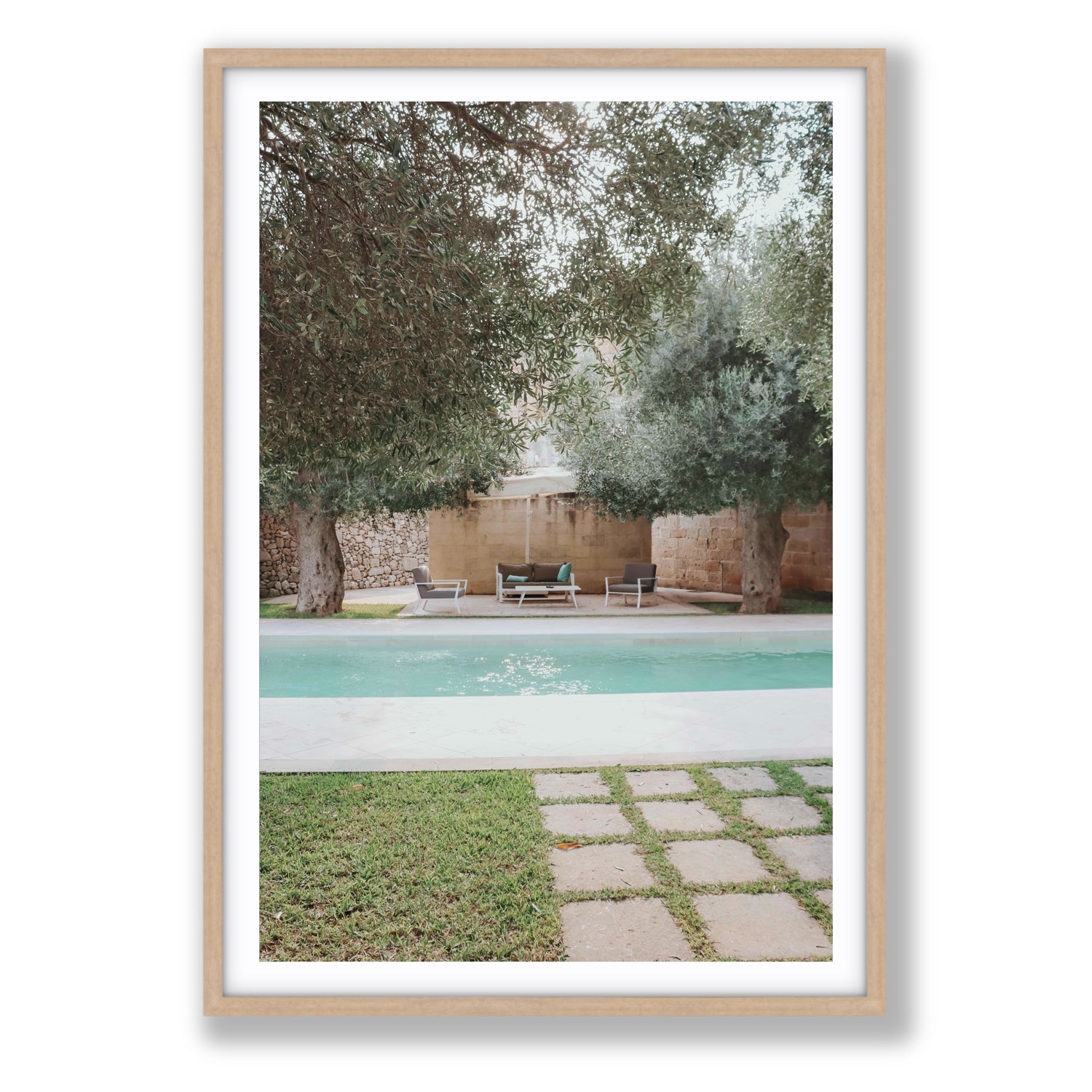 Idyllic Escape Puglia Mediterranean wall art Statement fine art print in natural oak frame with matboard