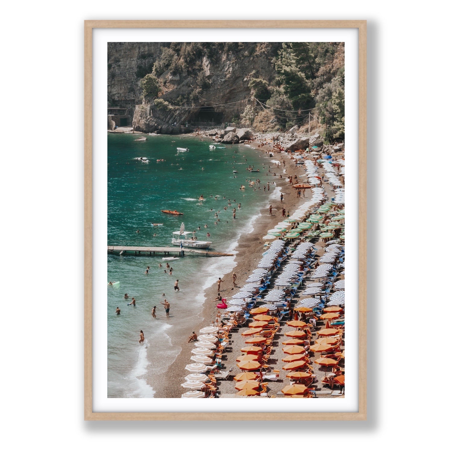 Ocean's Playground Positano decor wall art Statement fine art print in natural oak frame with matboard