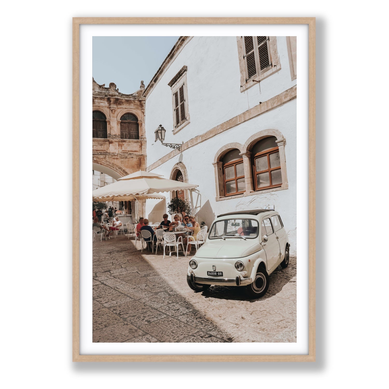 Piazza di Ostuni Puglia Italian wall art Statement fine art print in natural oak frame with matboard