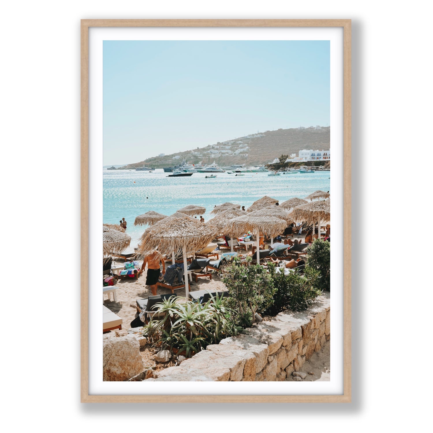 Beachside Huts Mykonos Greek island wall art Statement fine art print in natural oak frame with matboard