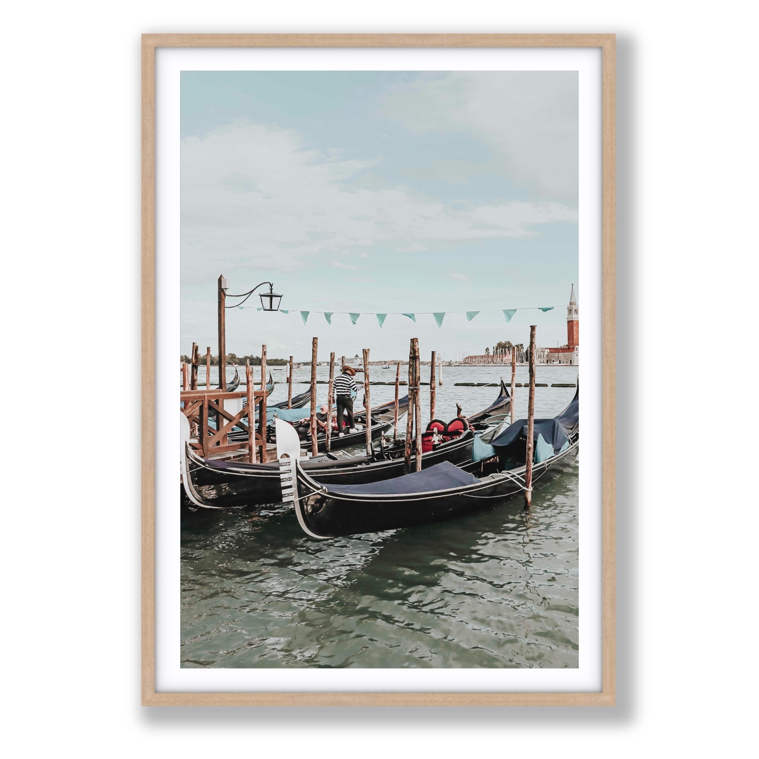 The Gondolier Venice Gondola Italian wall art Statement fine art print in natural oak frame with matboard