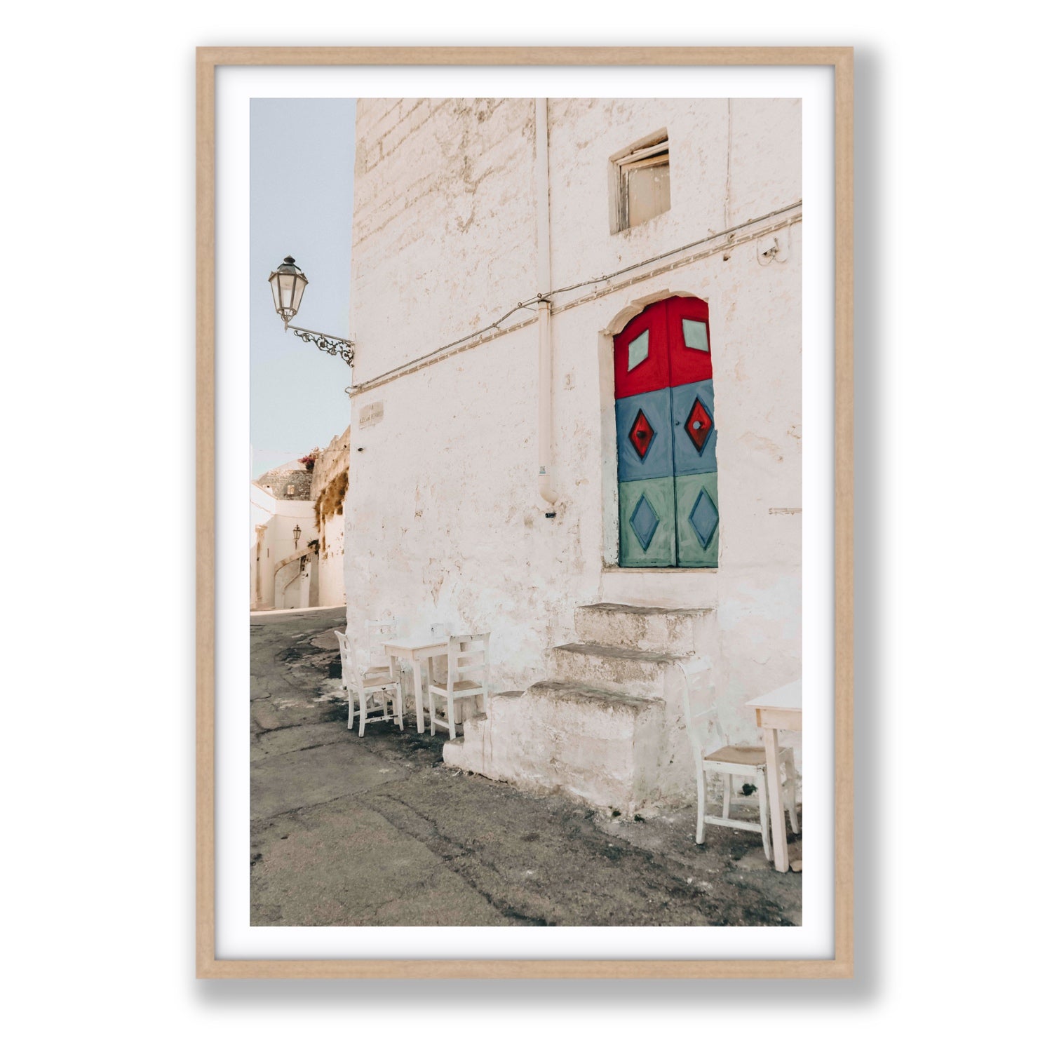 Doorway Delight Puglia Ostuni wall art Statement fine art print in natural oak frame with matboard