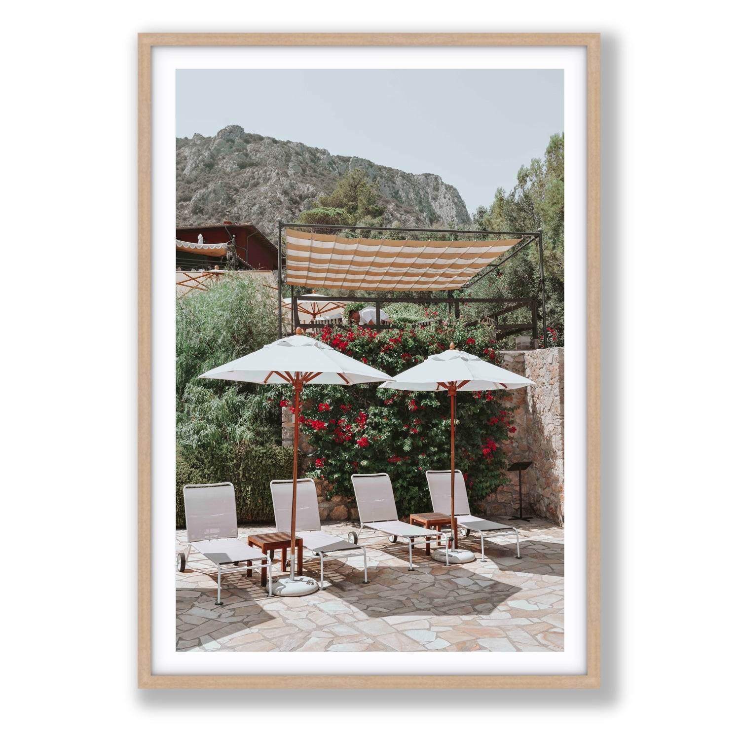 Shades of Leisure Tuscany coastal Italian wall art Statement fine art print in natural oak frame with matboard