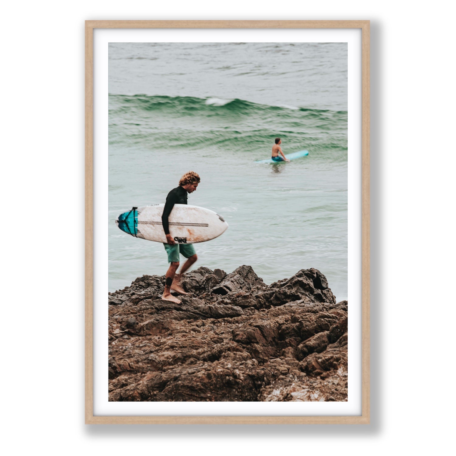 Not All Who Wander Are Lost Byron Bay Surf wall art Statement fine art print in natural oak frame with matboard