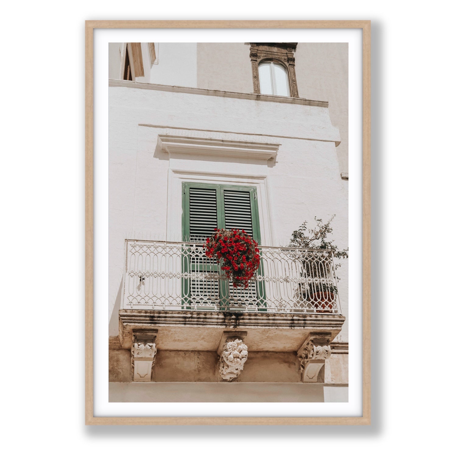 Balcone Estivo Puglia Italian wall art Statement fine art print in natural oak frame with matboard