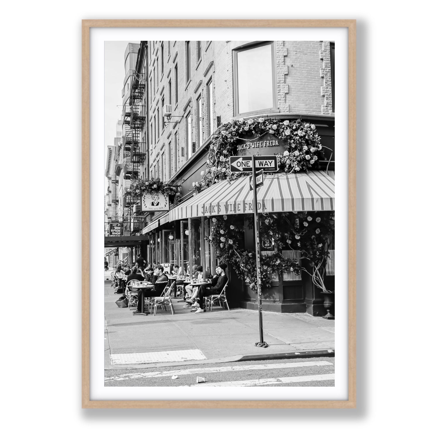 Freda's Feast New York NYC Black & White wall art Statement fine art print in natural oak frame with matboard