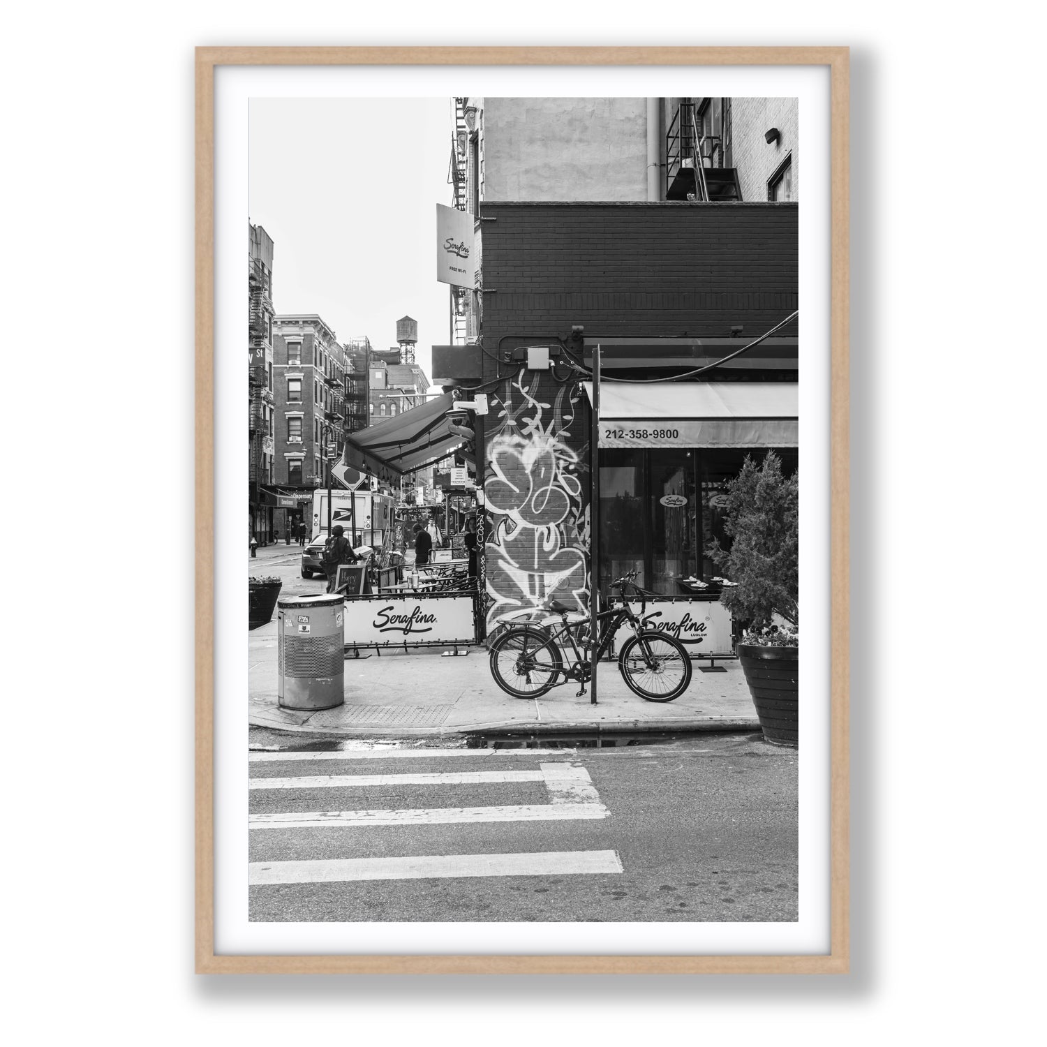 Cafe Canvas New York NYC Black & White wall art Statement fine art canvas in natural oak frame