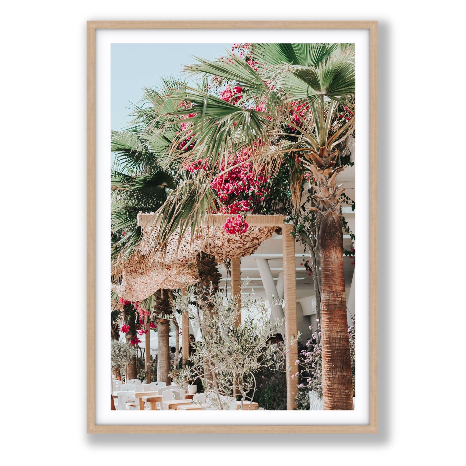 Palm Trees Mykonos Greek island wall art Statement fine art print in natural oak frame with matboard