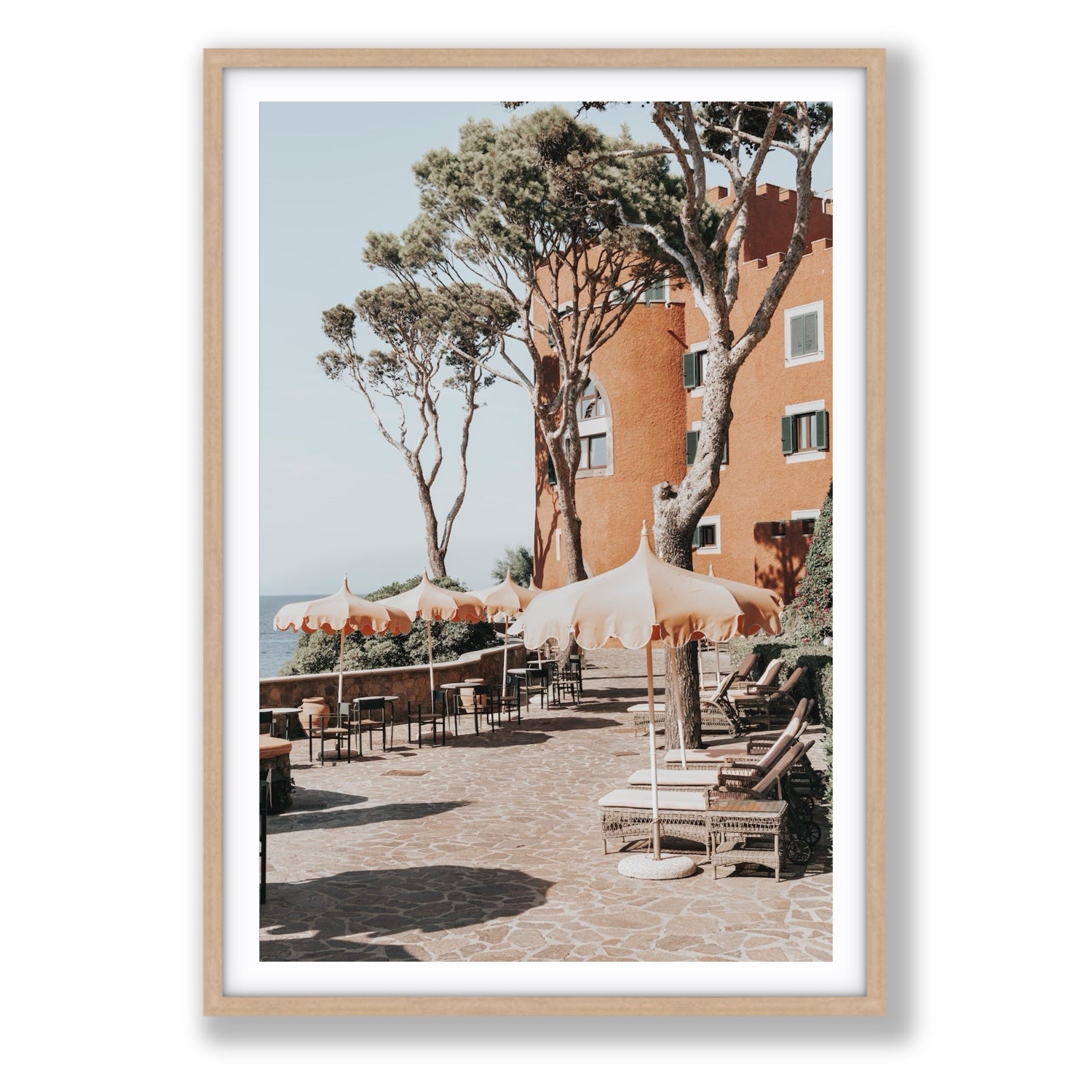 Mezzatorre Ischia Italian Mediterranean decor wall art Statement fine art print in natural oak frame with matboard