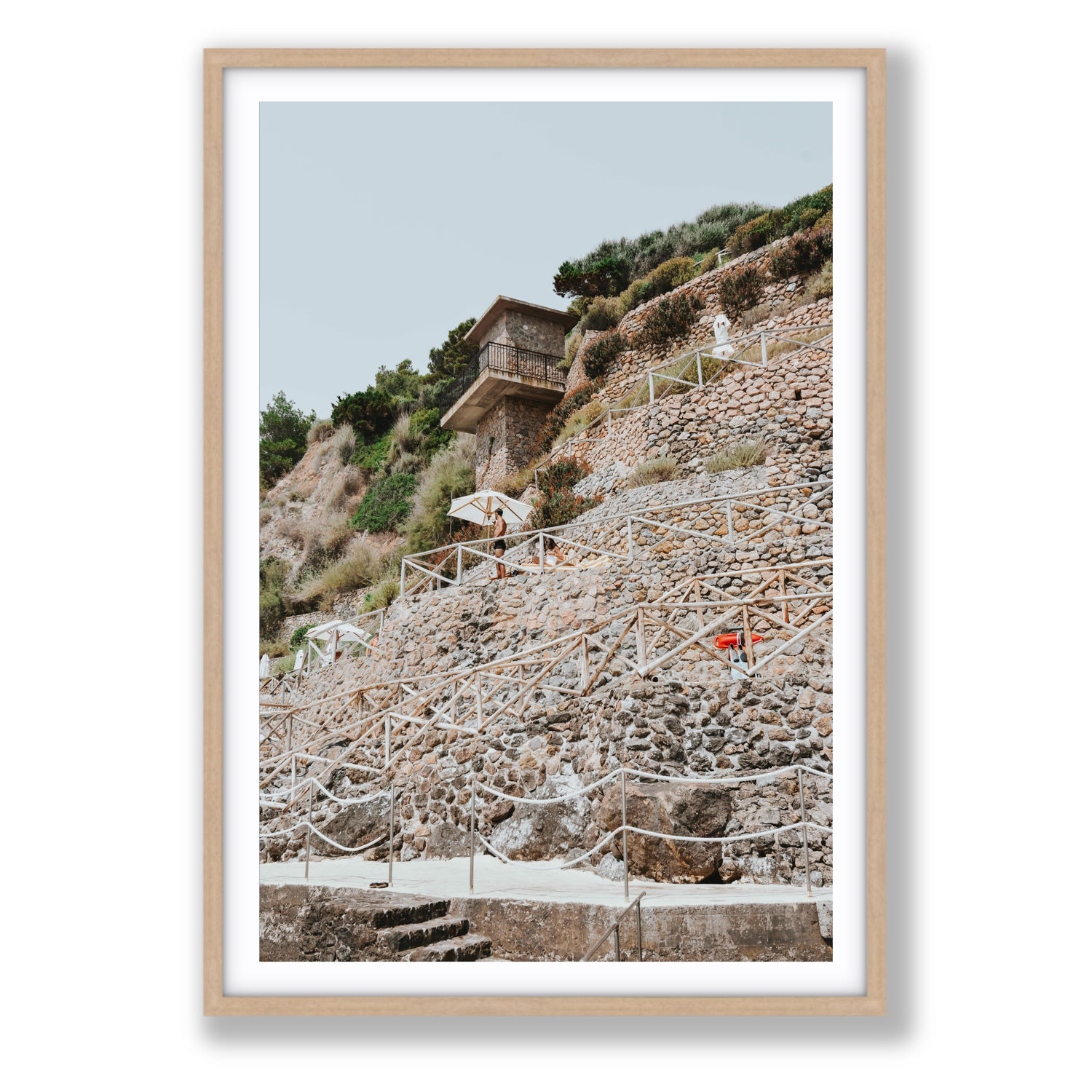 Solitude by the Sea Tuscany coastal Italian wall art Statement fine art print in natural oak frame with matboard
