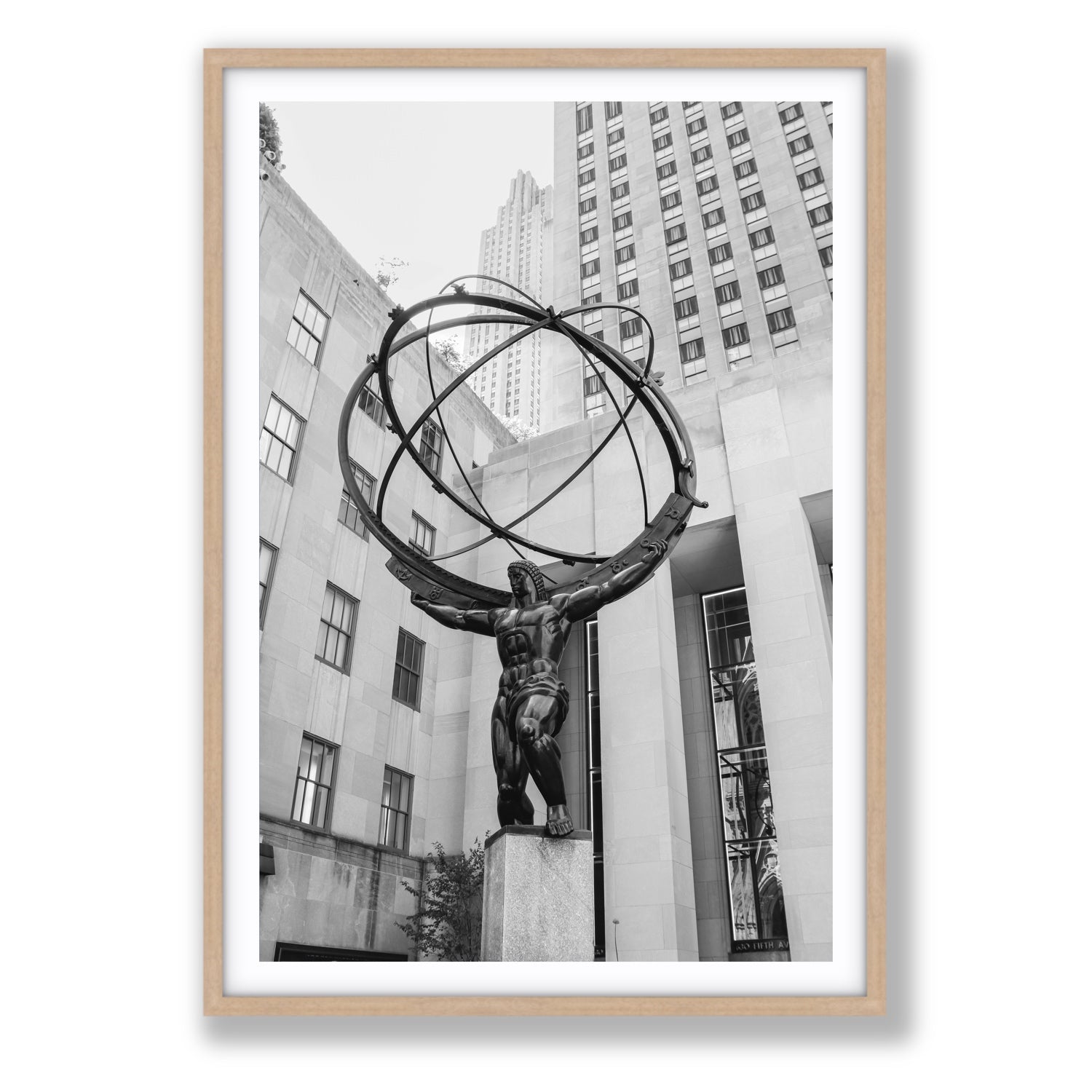 Atlas Ascends New York NYC Black & White wall art Statement fine art print in natural oak frame with matboard