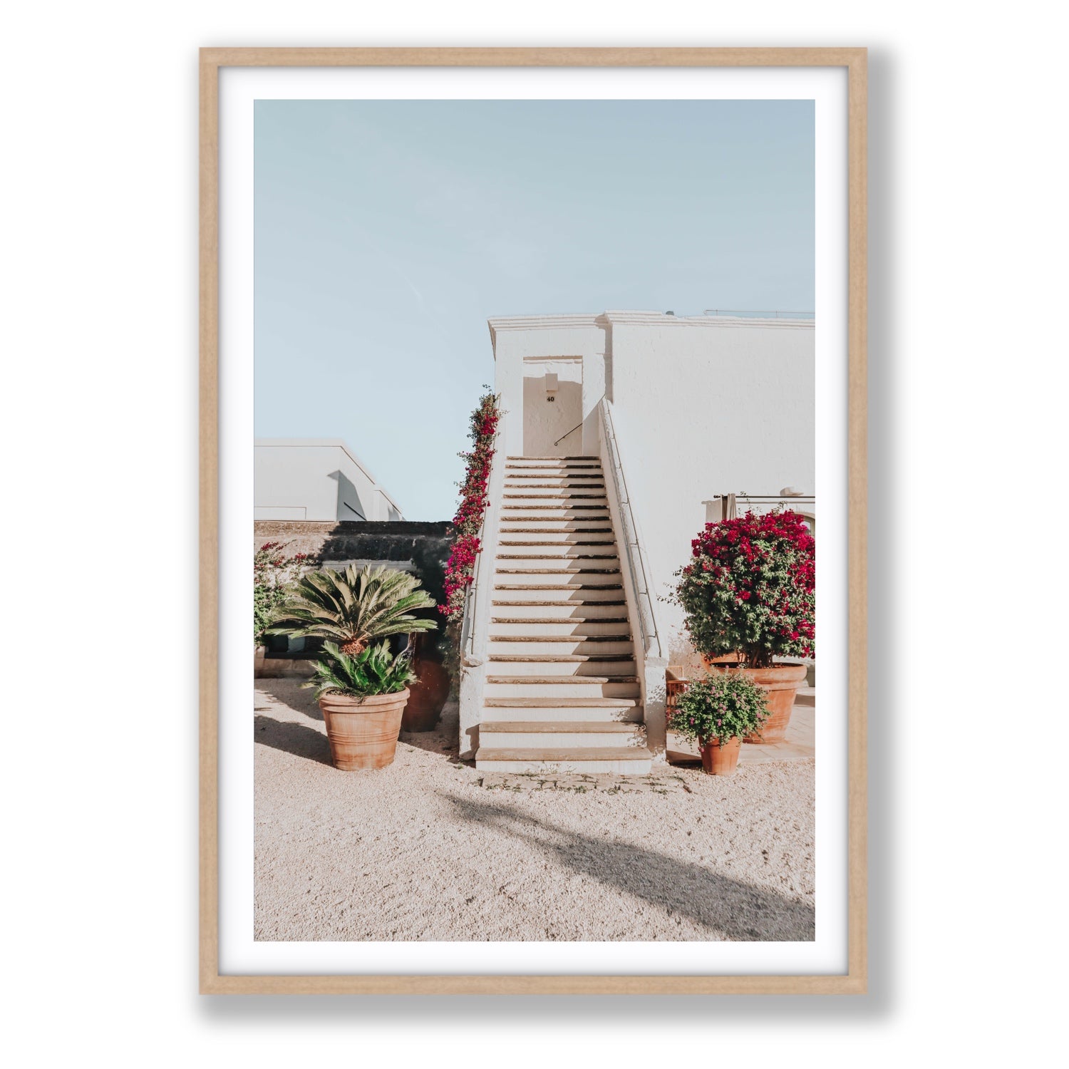Tranquil Ascent Puglia Italian wall art Statement fine art print in natural oak frame with matboard