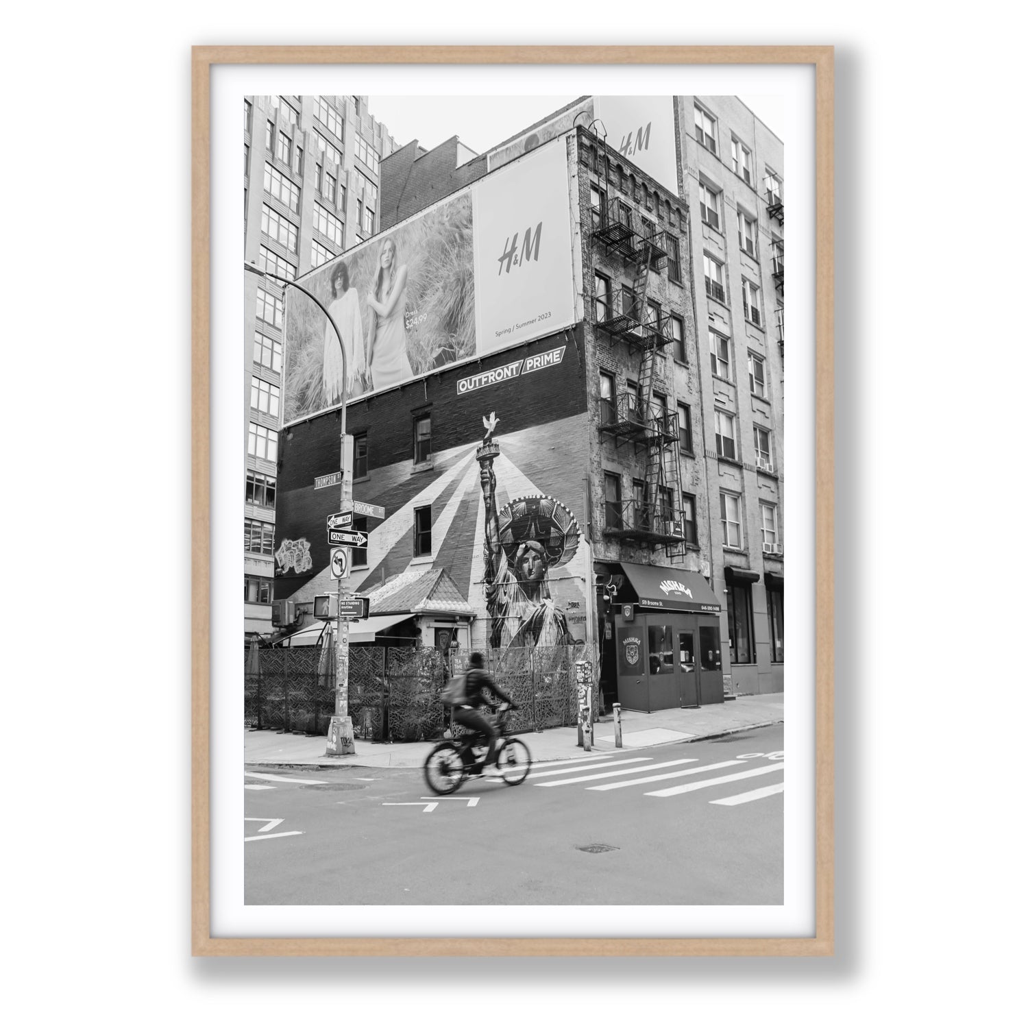 Shadows Of Liberty New York NYC Black & White wall art Statement fine art print in natural oak frame with matboard