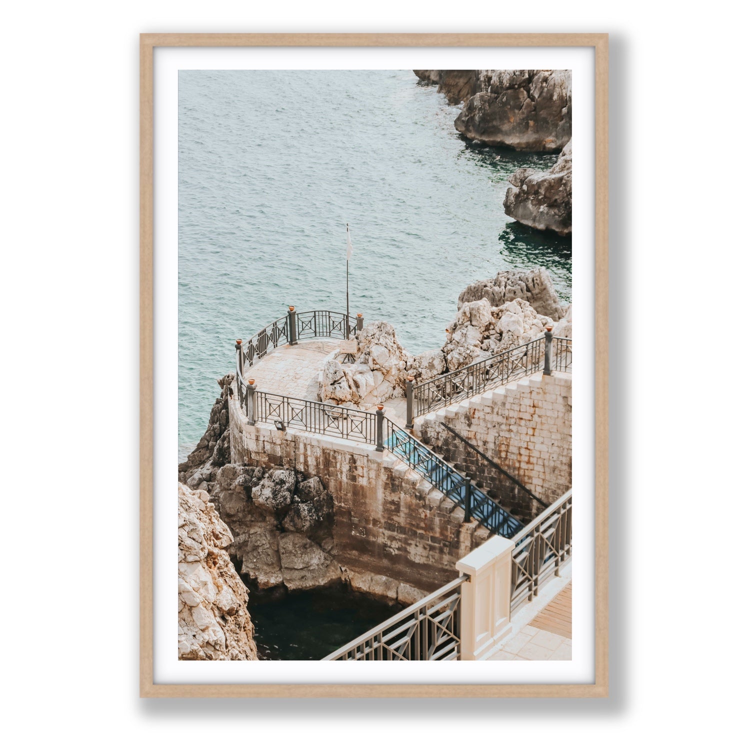 Tidal Staircase Puglia coastal Italian wall art Statement fine art print in natural oak frame with matboard