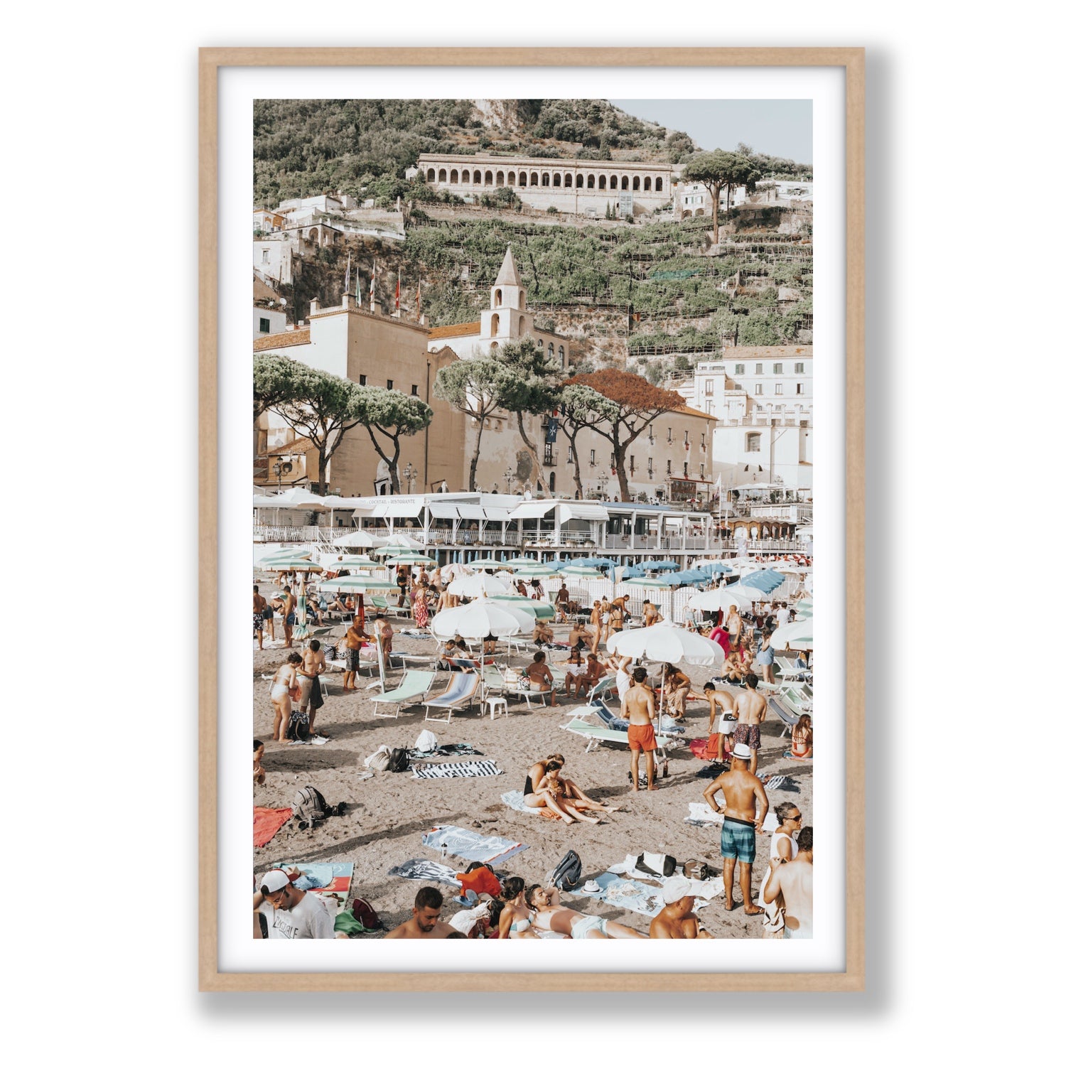 Festa In Spiaggia Amalfi coastal wall art Statement fine art print in natural oak frame with matboard