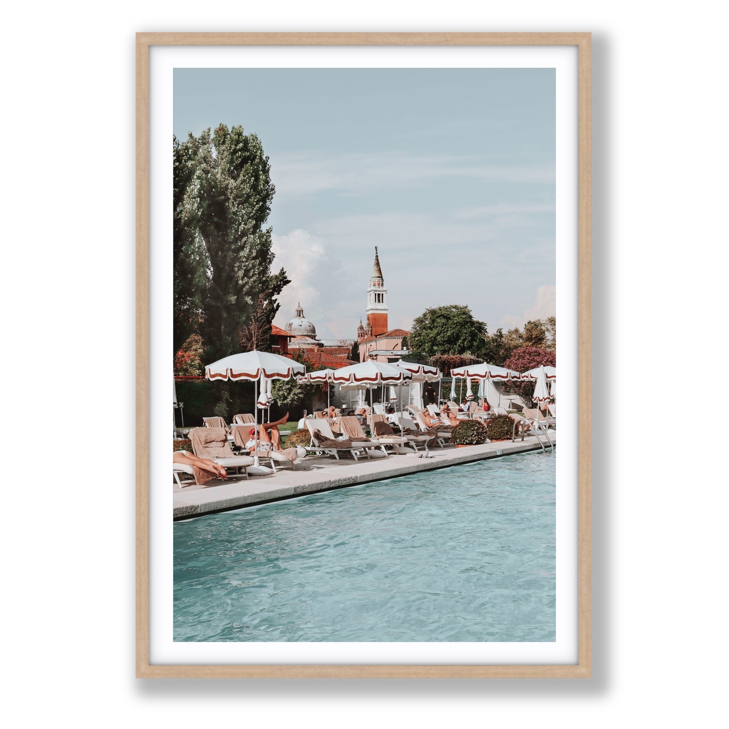 Poolside Perch Venice Italian wall art Statement fine art print in natural oak frame with matboard