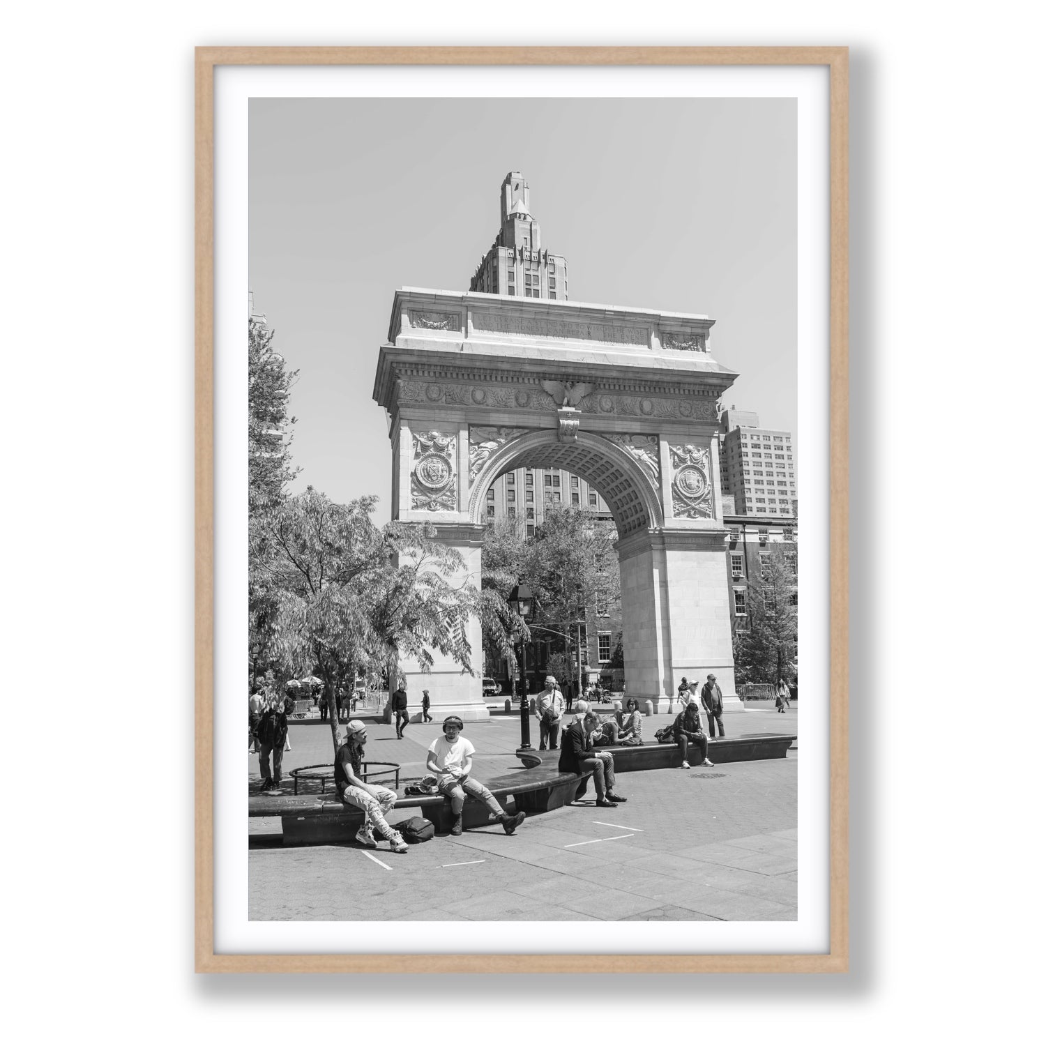 City Picnic New York NYC Black & White wall art Statement fine art print in natural oak frame with matboard