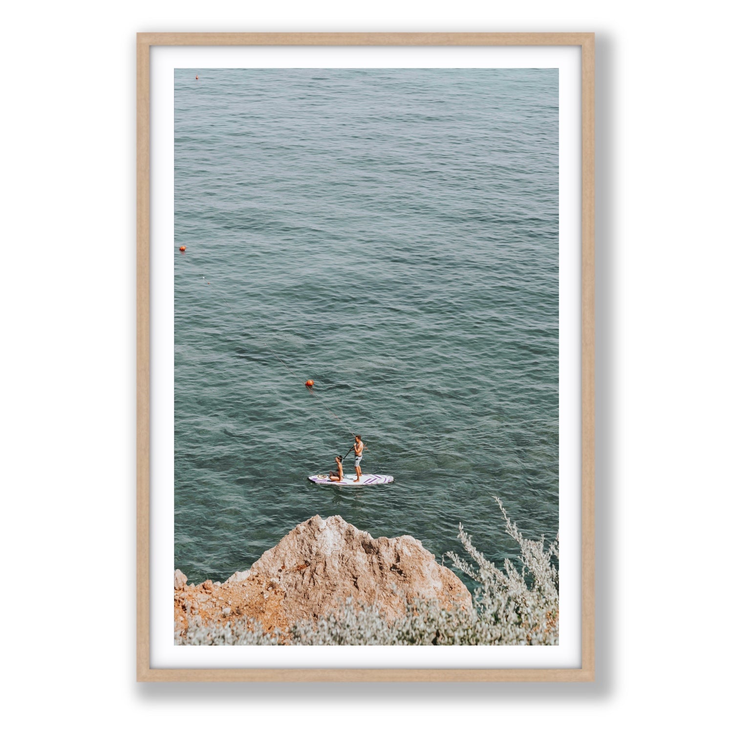 Into The Vibe Without Getting Wet Tuscany coastal wall art Statement fine art print in natural oak frame with matboard