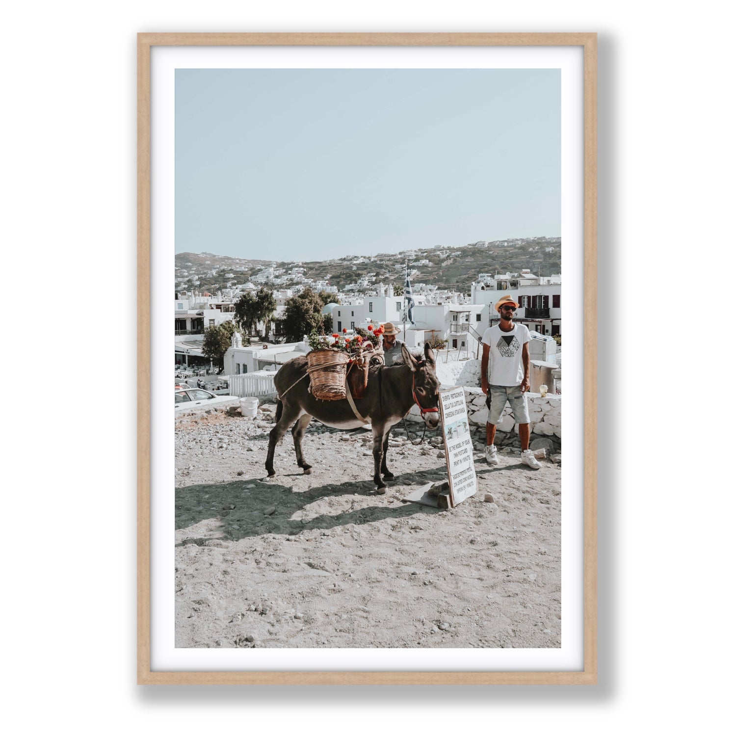 Let The Journey Begin Mykonos Greek island wall art Statement fine art print in natural oak frame with matboard