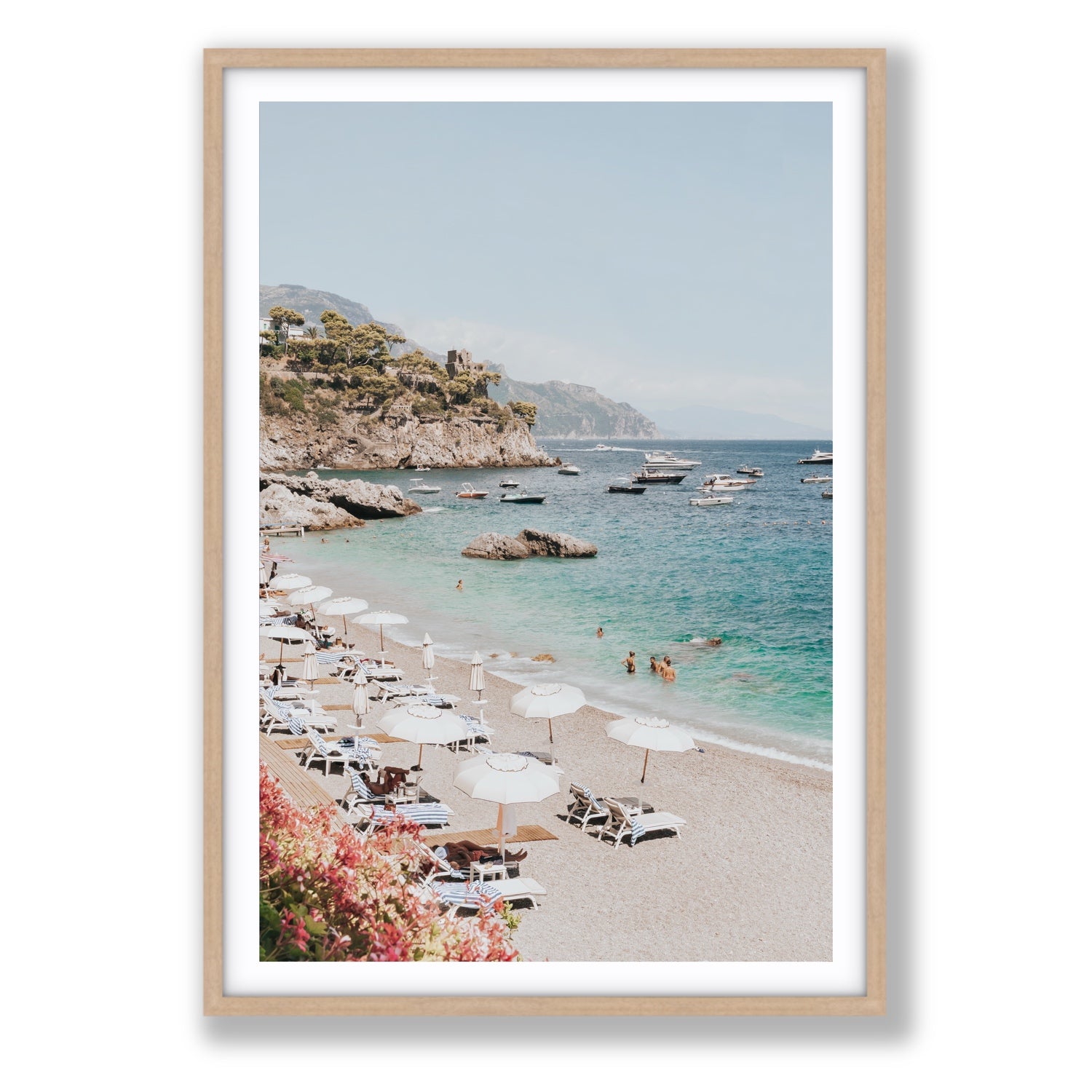 Seaview Refuge Amalfi coastal wall art statement fine art print in natural oak frame with matboard