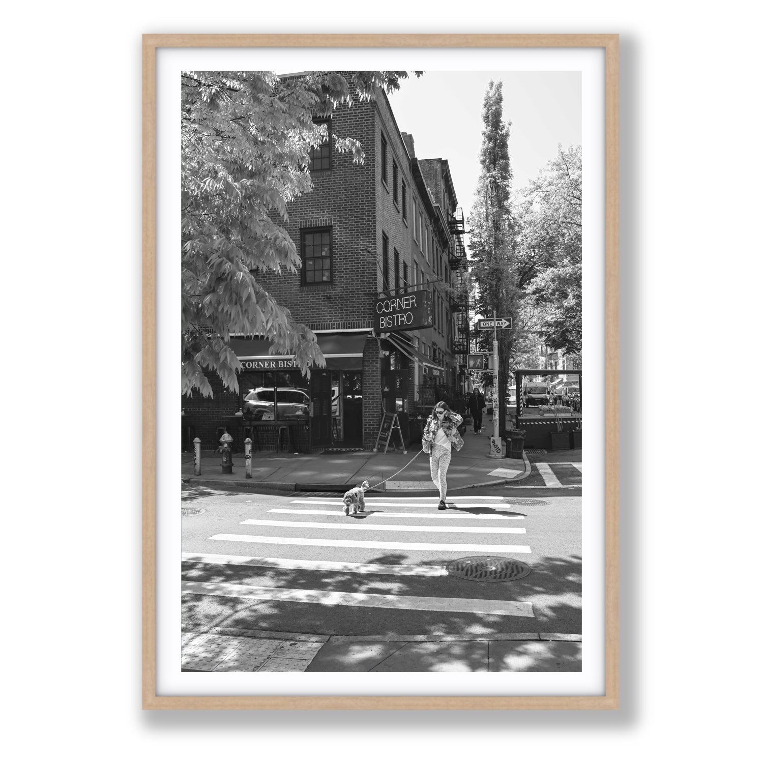 Sunlit Stroll New York NYC Black & White wall art Statement fine art print in natural oak frame with matboard