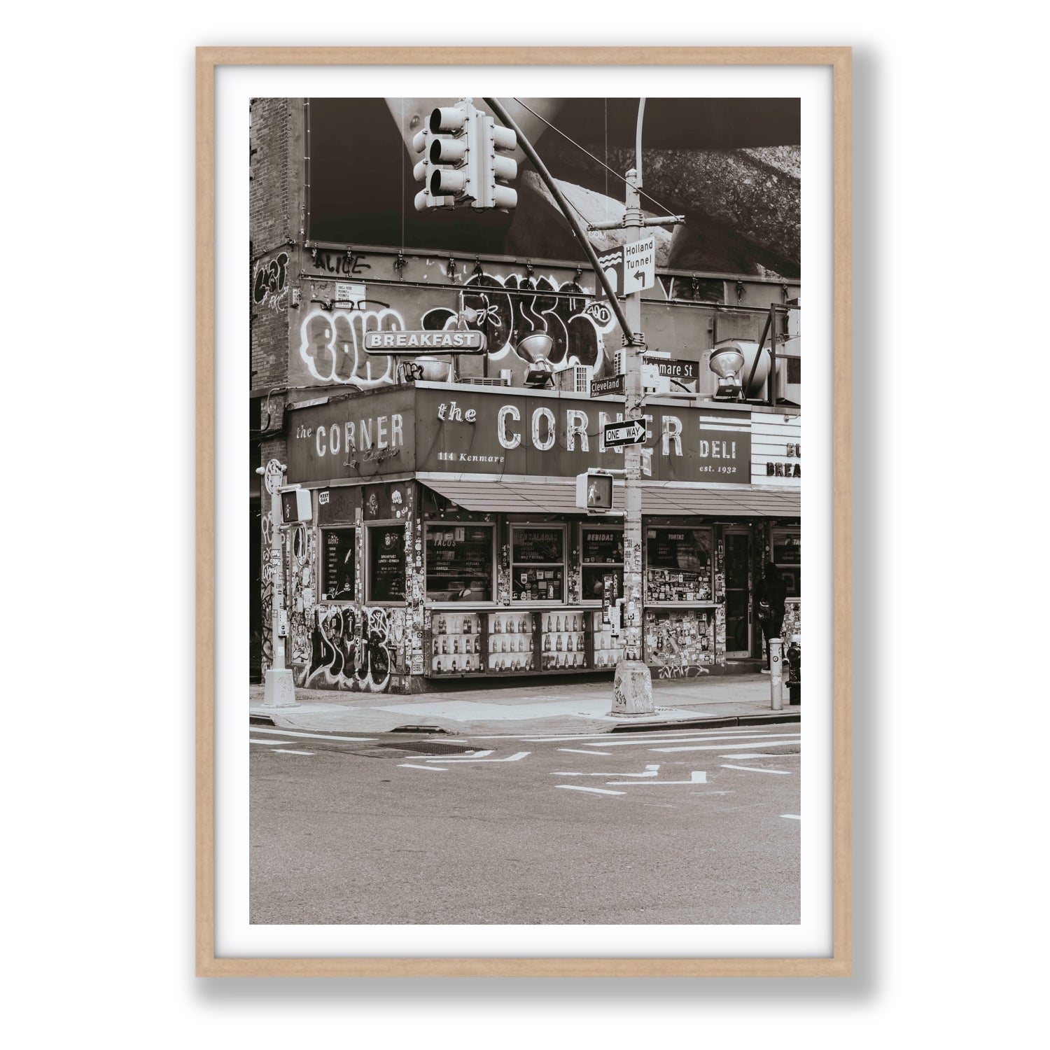Soho Deli New York NYC Black & White wall art Statement fine art print in natural oak frame with matboard
