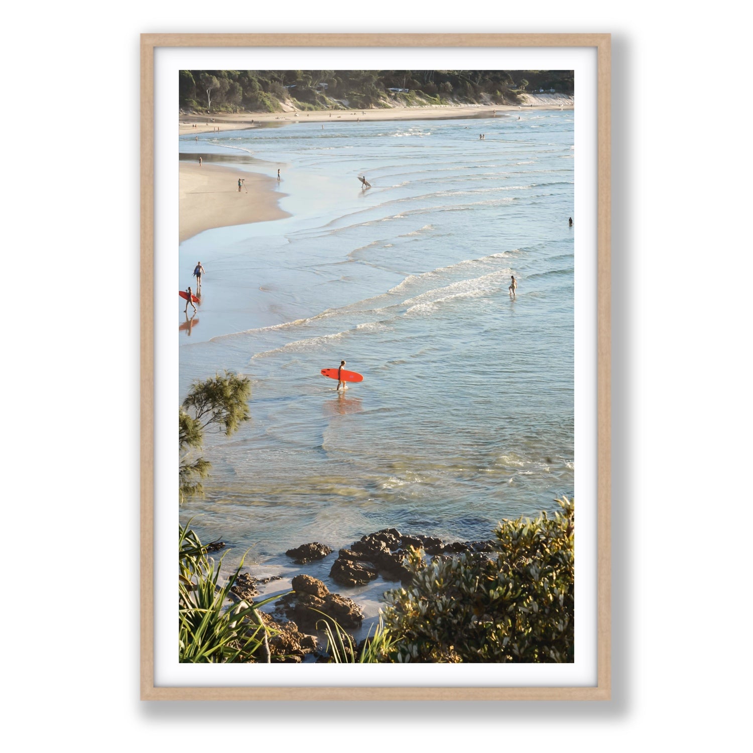 Seclusion Byron Bay Surf coastal wall art Statement fine art print in natural oak frame with matboard
