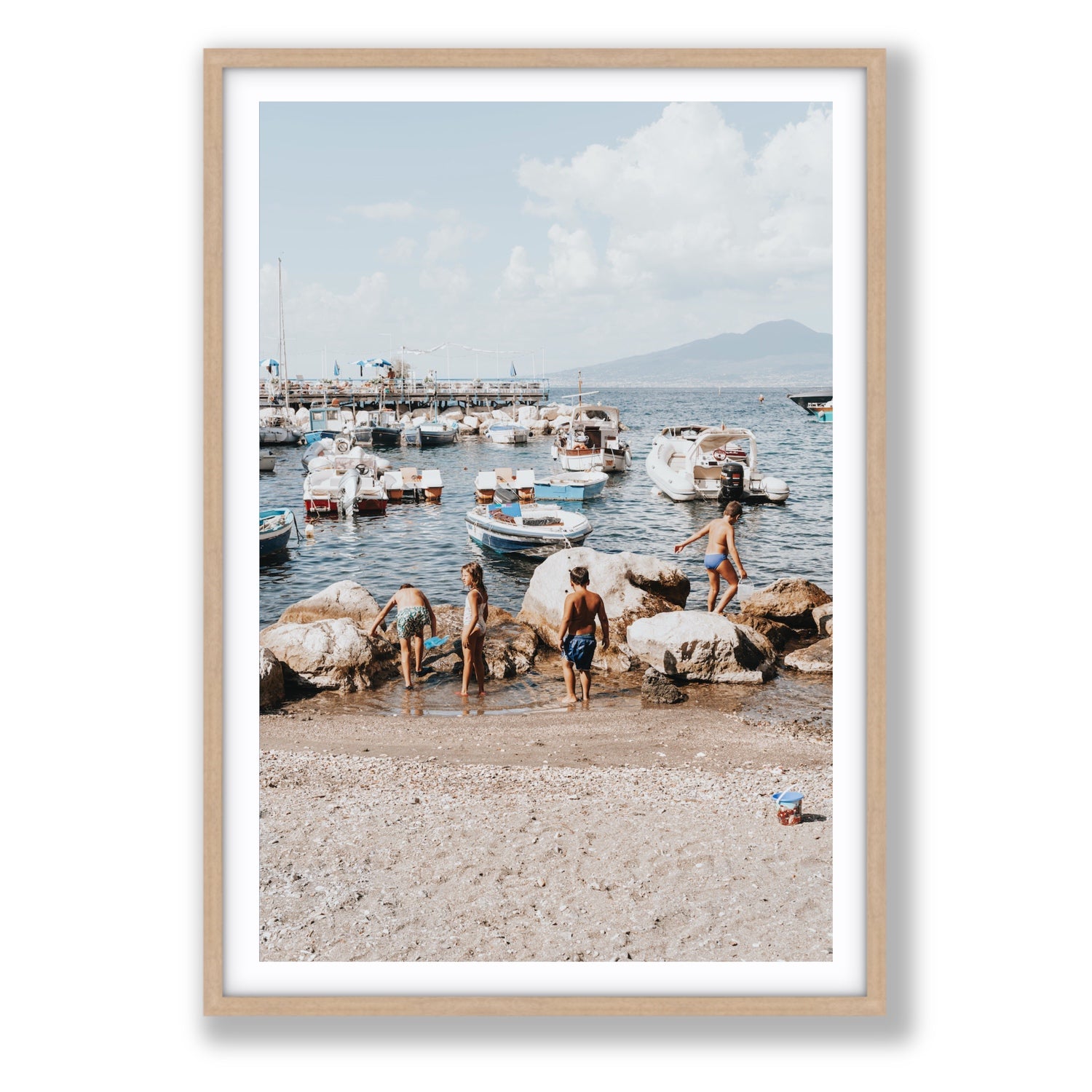 Searching For Treasures Sorrento coastal wall art Statement fine art print in natural oak frame with matboard