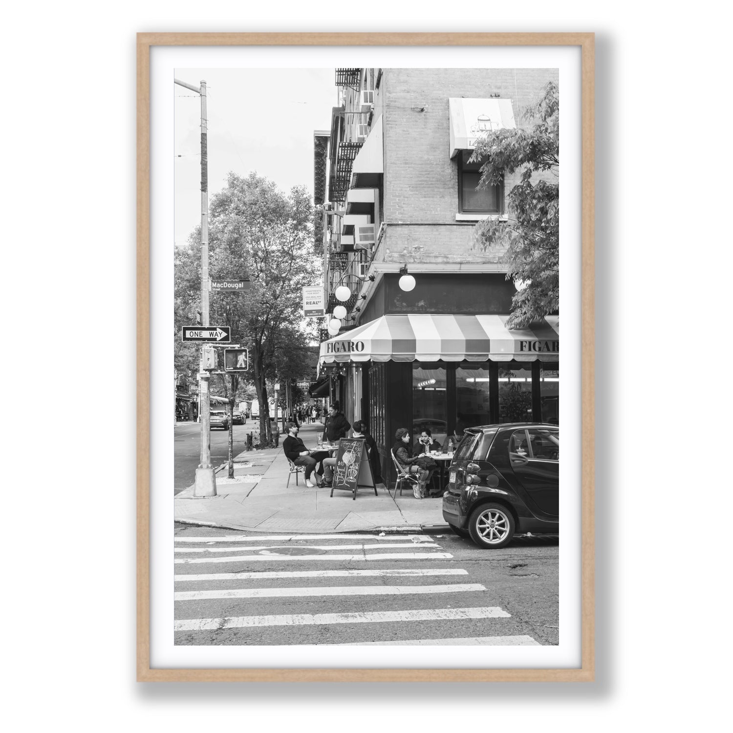 Figaro New York NYC Black & White wall art Statement fine art print in natural oak frame with matboard