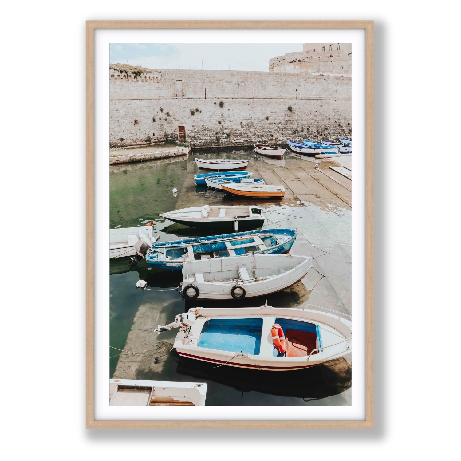 Harbour Palette Puglia coastal photography wall art Statement fine art print in natural oak frame with matboard