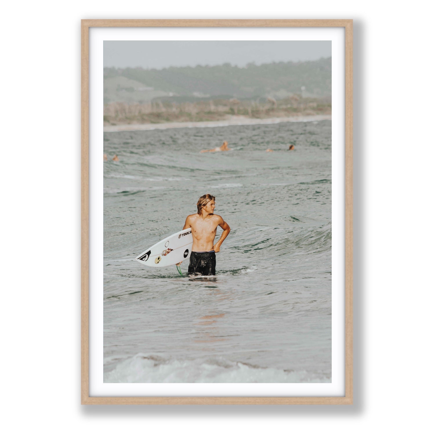 Chasing Mavericks Byron Bay Surf coastal wall art Statement fine art print in natural oak frame with matboard