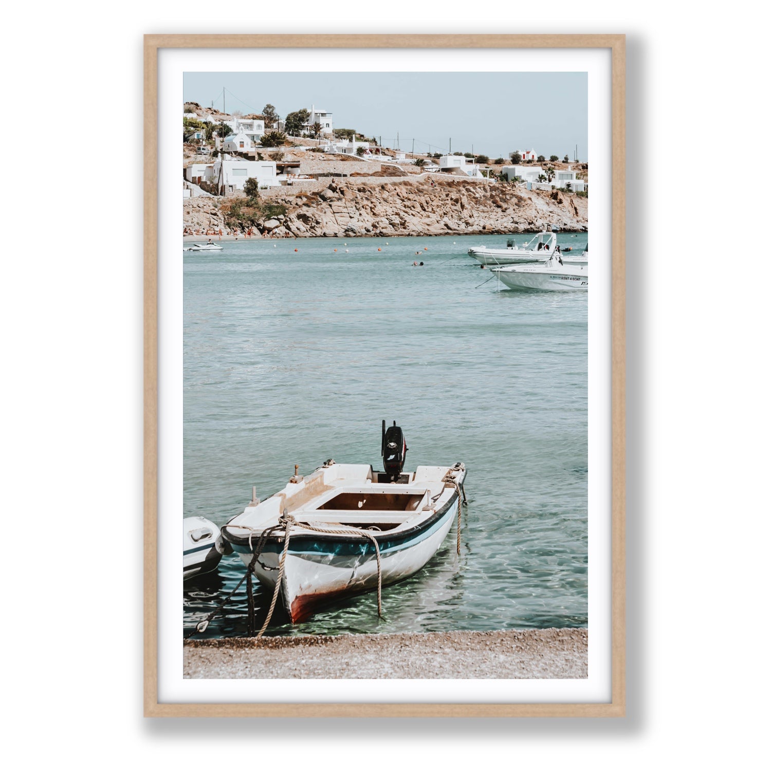 Classic Wheels Mykonos Greek island wall art Statement fine art print in natural oak frame with matboard