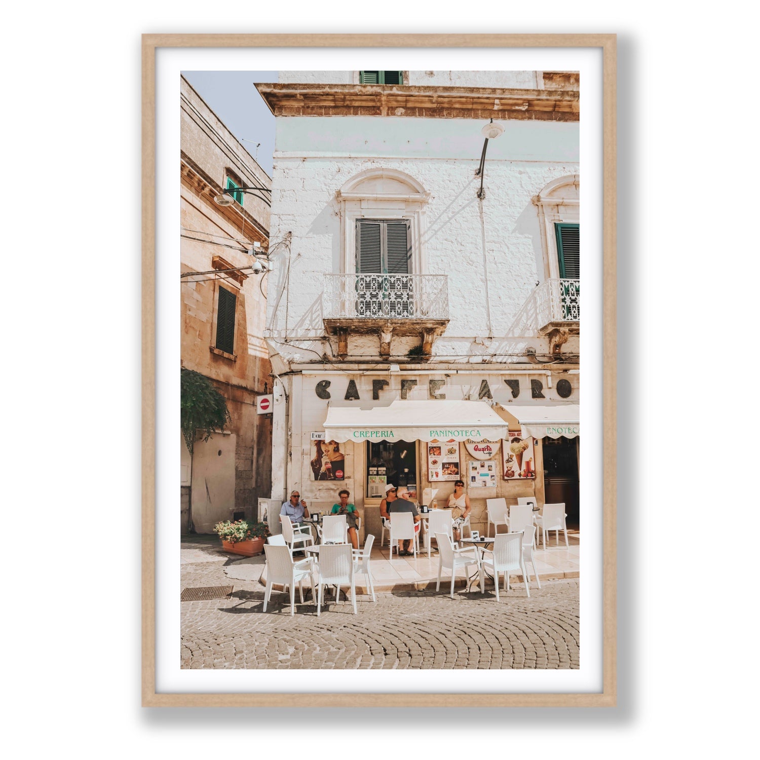 Cafe Ostuni Puglia Café Ostuni Italian wall art Statement fine art print in natural oak frame with matboard