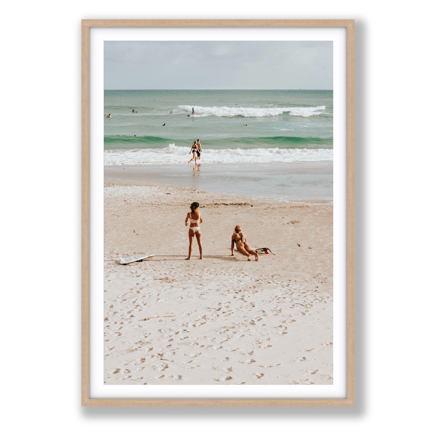Gidget & Betty Byron Bay beach coastal wall art Statement fine art print in natural oak frame with matboard