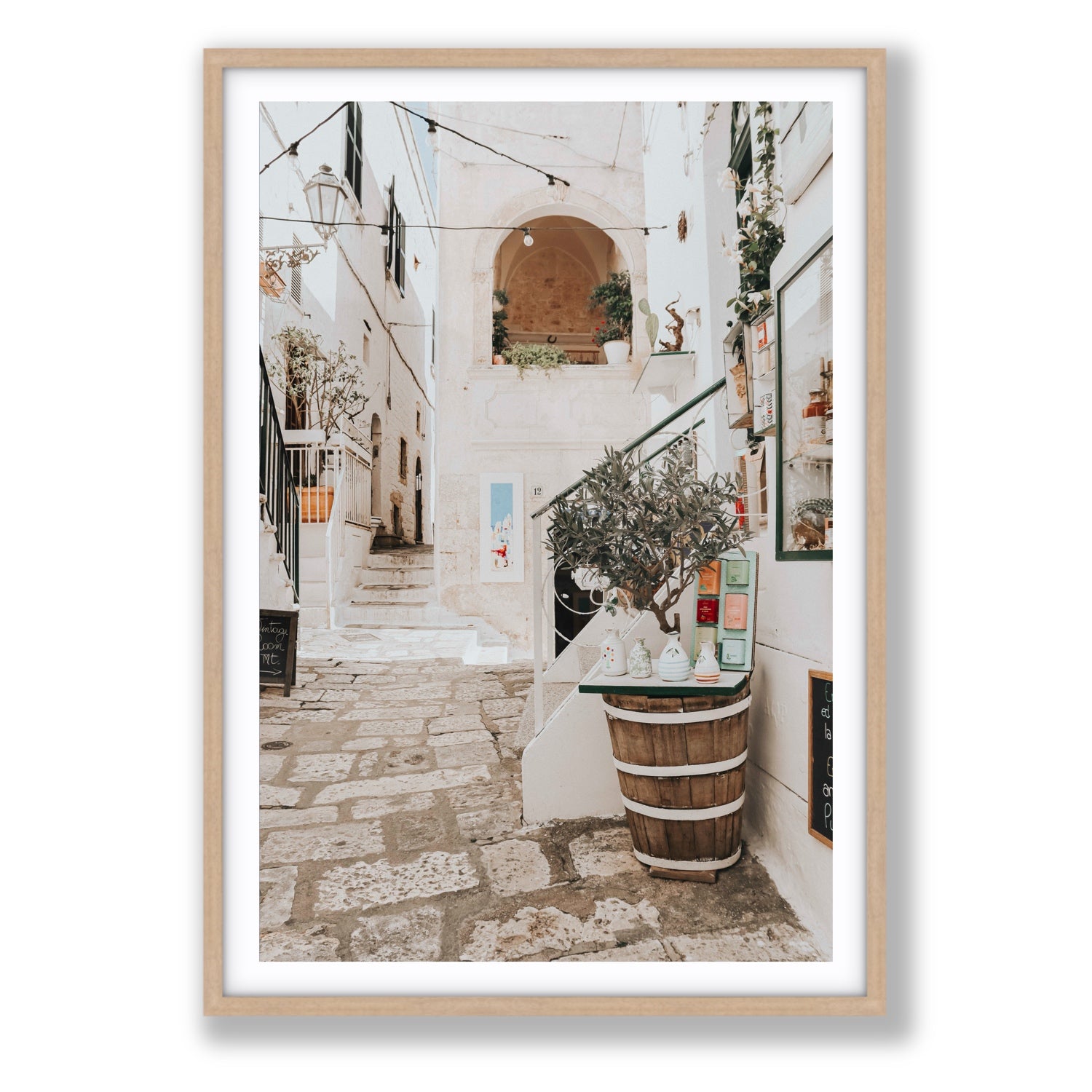 Olive Tree Lane Puglia Ostuni Mediterranean decor wall art Statement fine art print in natural oak frame with matboard