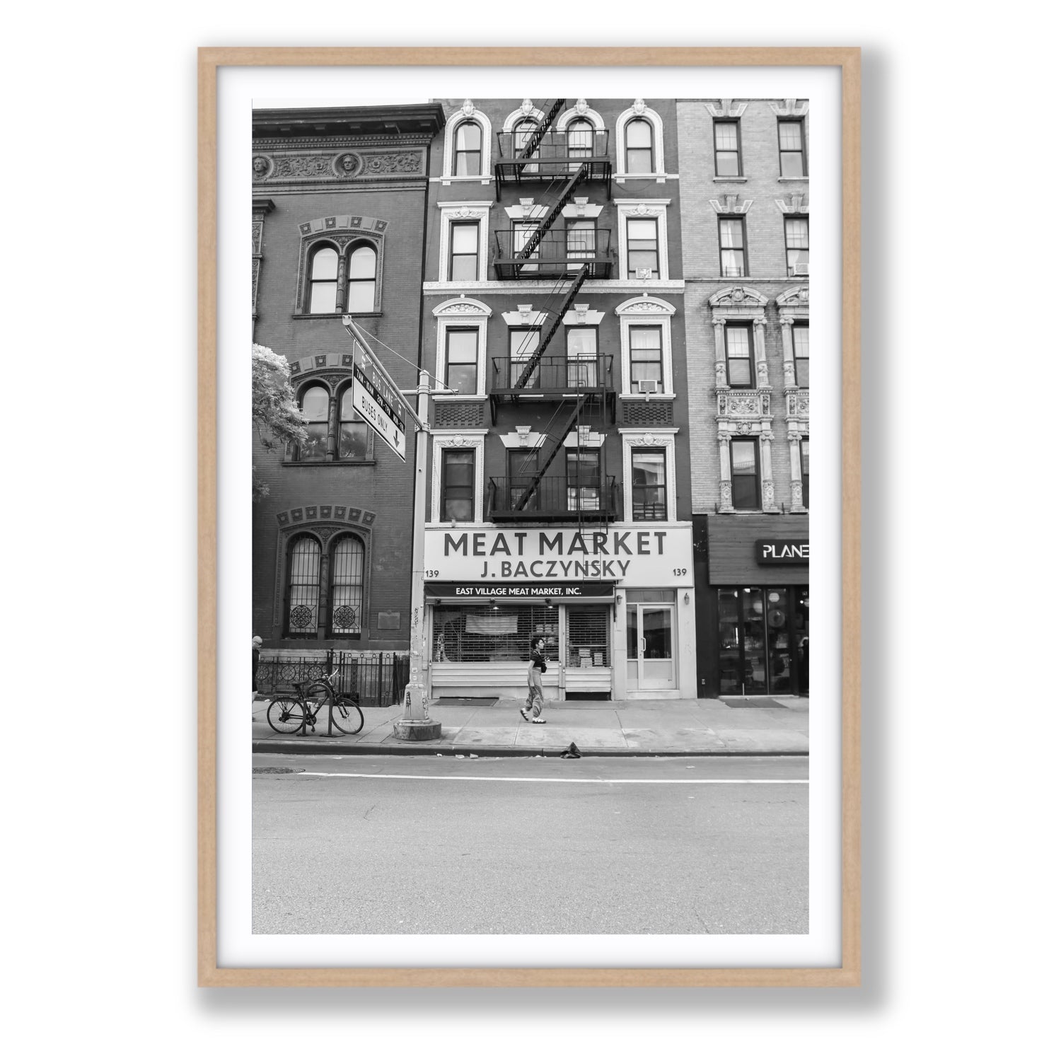 Vertical Village New York NYC Black & White wall art Statement fine art print in natural oak frame with matboard