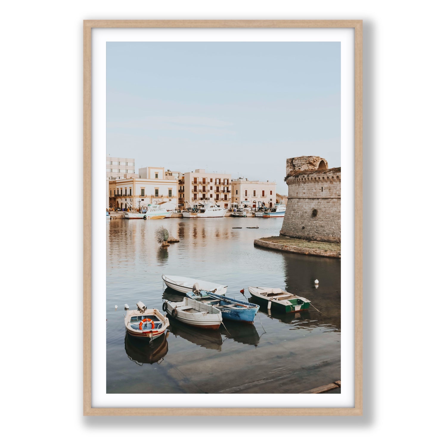 Gallipoli Harbour Puglia coastal wall art Statement fine art print in natural oak frame with matboard