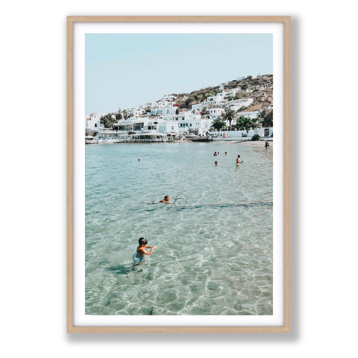 Beside The Seaside Mykonos beach Greek island wall art Statement fine art print in natural oak frame with matboard