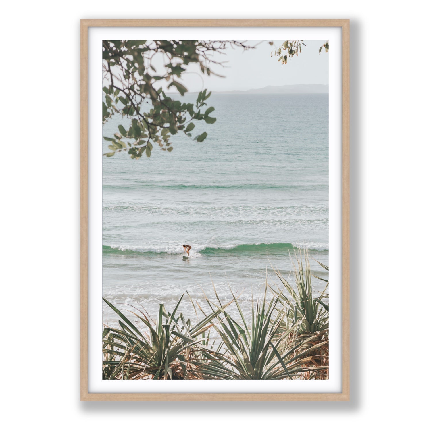 Dream Boat fine art print, Noosa, Australia, coastal scenes artwork, Statement, Natural Oak Frame · Matboard, Fine Art Print