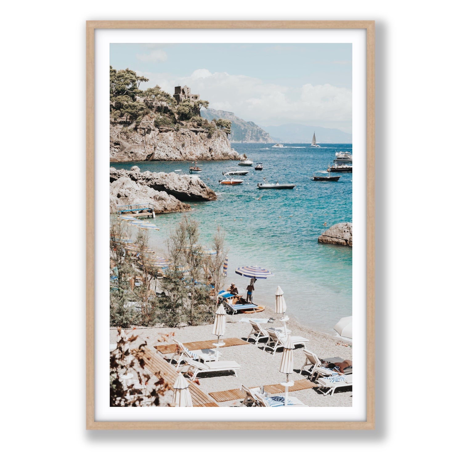 Sizzling Summer Days Amalfi coastal wall art Statement fine art print in natural oak frame with matboard